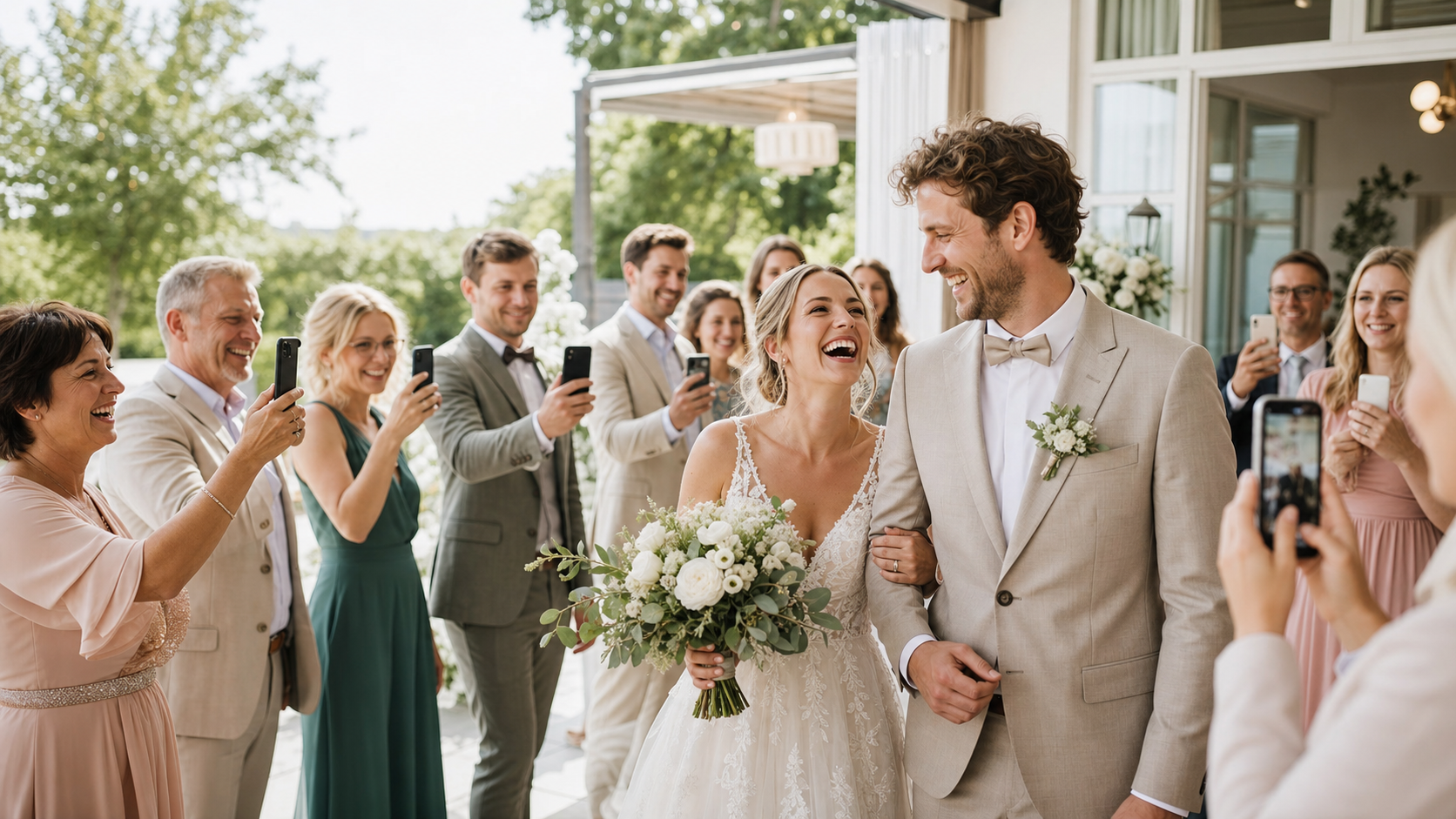 Ein glückliches Hochzeitspaar lacht mit seinen Gästen bei einer hellen Feier in Deutschland