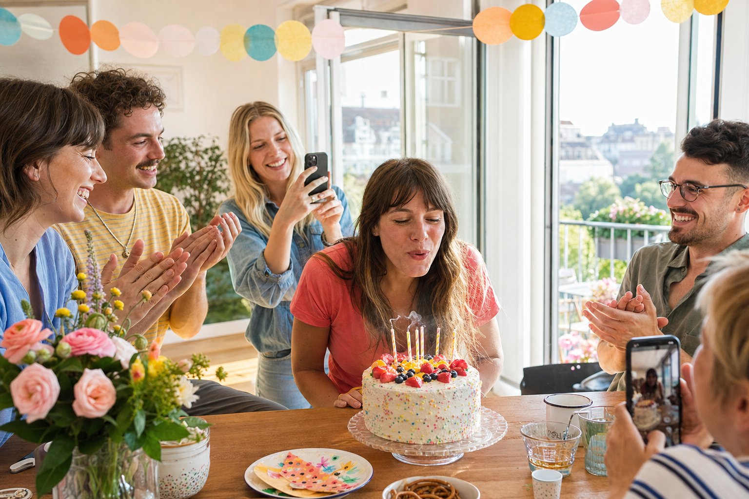 Freunde feiern in einer hellen Wohnung einen Geburtstag mit Kuchen und Smartphonefotos