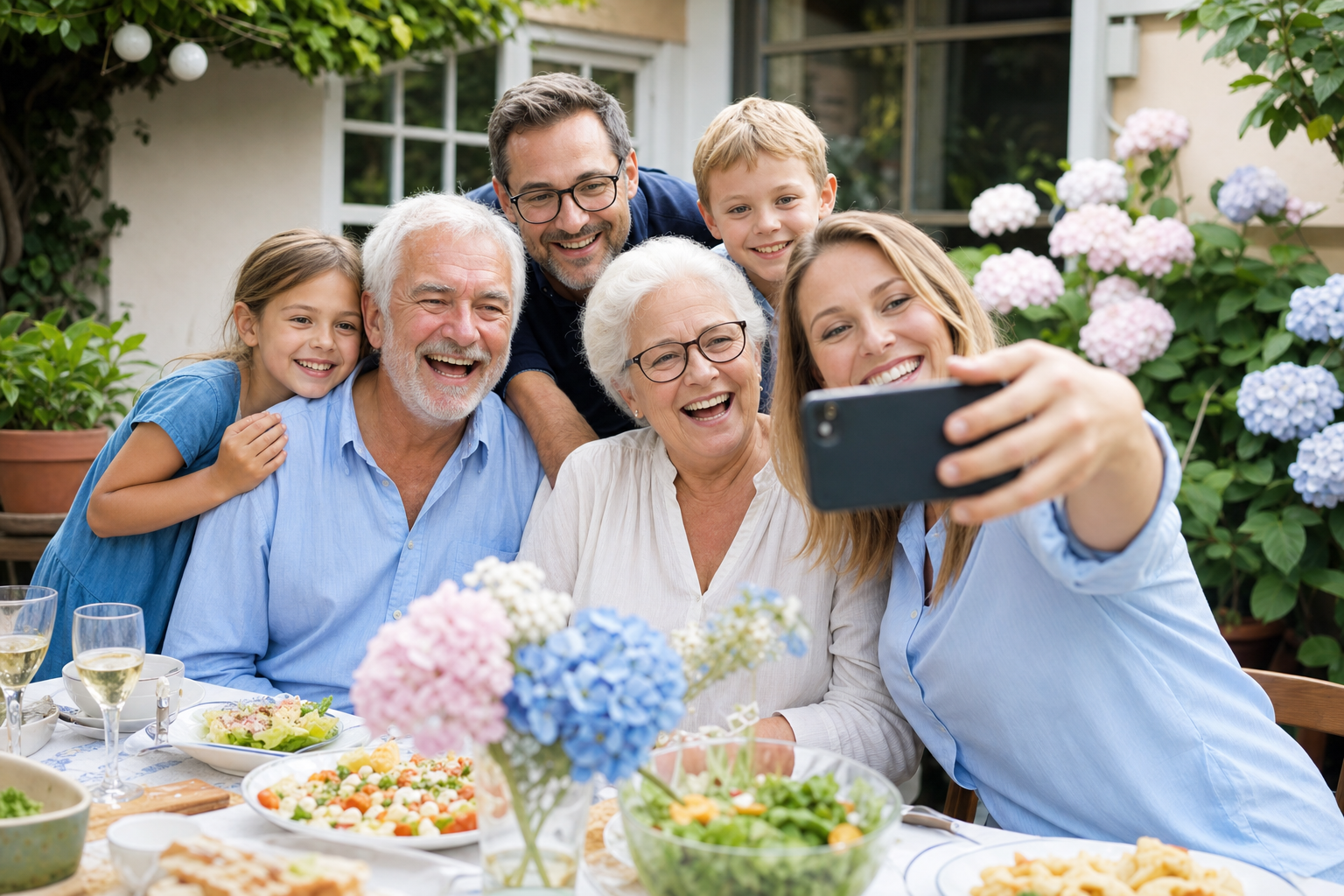Drei Generationen machen bei einer Familienfeier im Garten ein gemeinsames Selfie