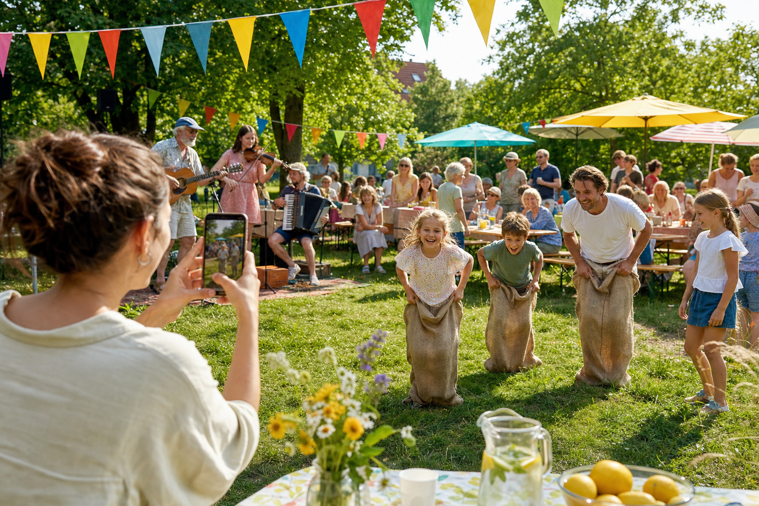 Freunde und Familien feiern gemeinsam ein sommerliches Fest im Freien